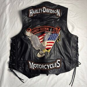 Harley-Davidson Vest Mens L Black Leather Biker Patriotic Eagle. 1997 Excellent